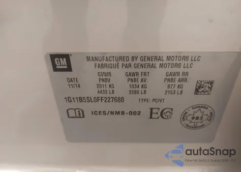 2015 Chevrolet Malibu Ls z USA, uszkodzony, nr VIN 1G11B5SL0FF227688